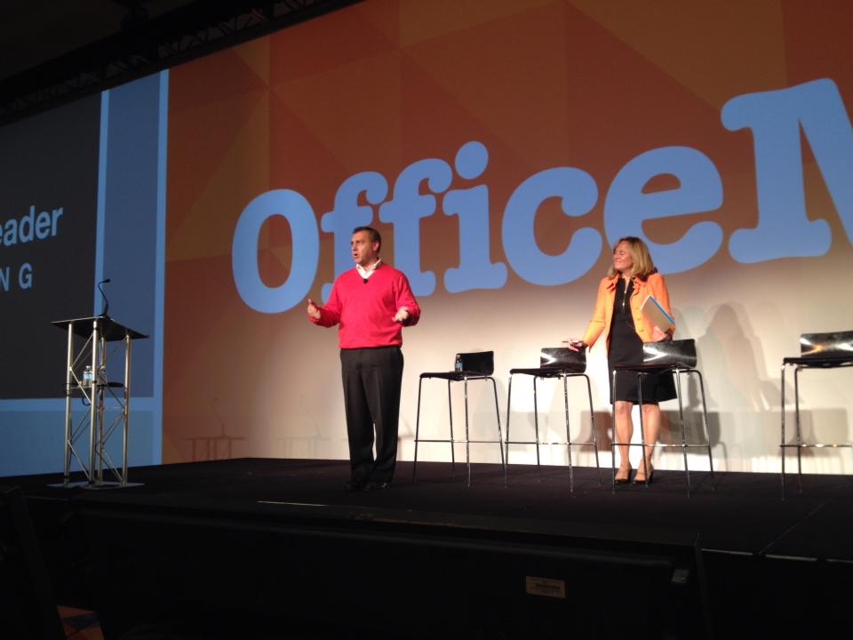 Kim Feil and Steve Sunderland on stage at the OfficeMax Roundtable