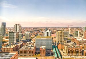 West Loop cityscape with westward perspective in Chicago, USA. Urban skyline.