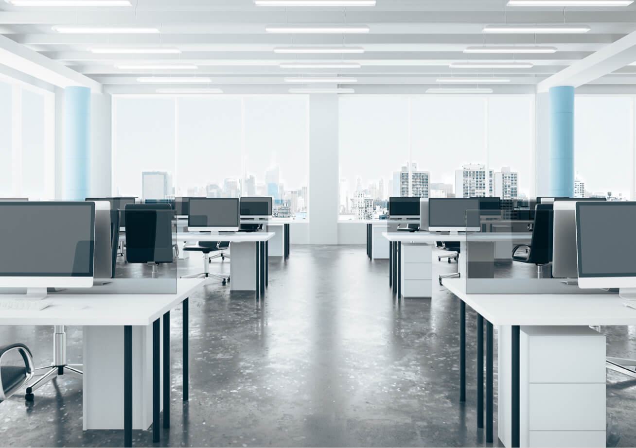 An engineering office interior with computers on every desk