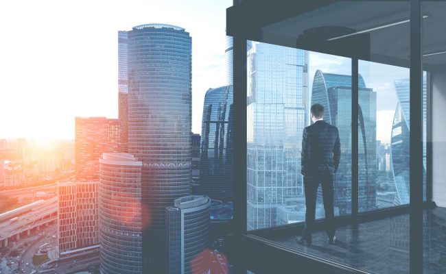 a businessman looking at the city skyline from an office window