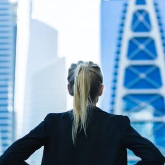 The back of a woman as she looks at the Chicago skyline from an office window