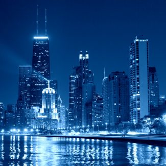 A blue tinted image of the Chicago skyline