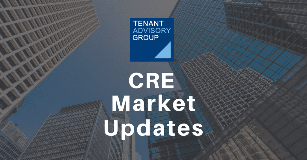 City skyscrapers with CRE Market Updates text and Tenant Advisory Group logo.