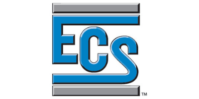 Logo featuring blue and gray letters ECS with horizontal bars.