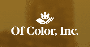 Logo with a stylized flower and text on a warm brown background.