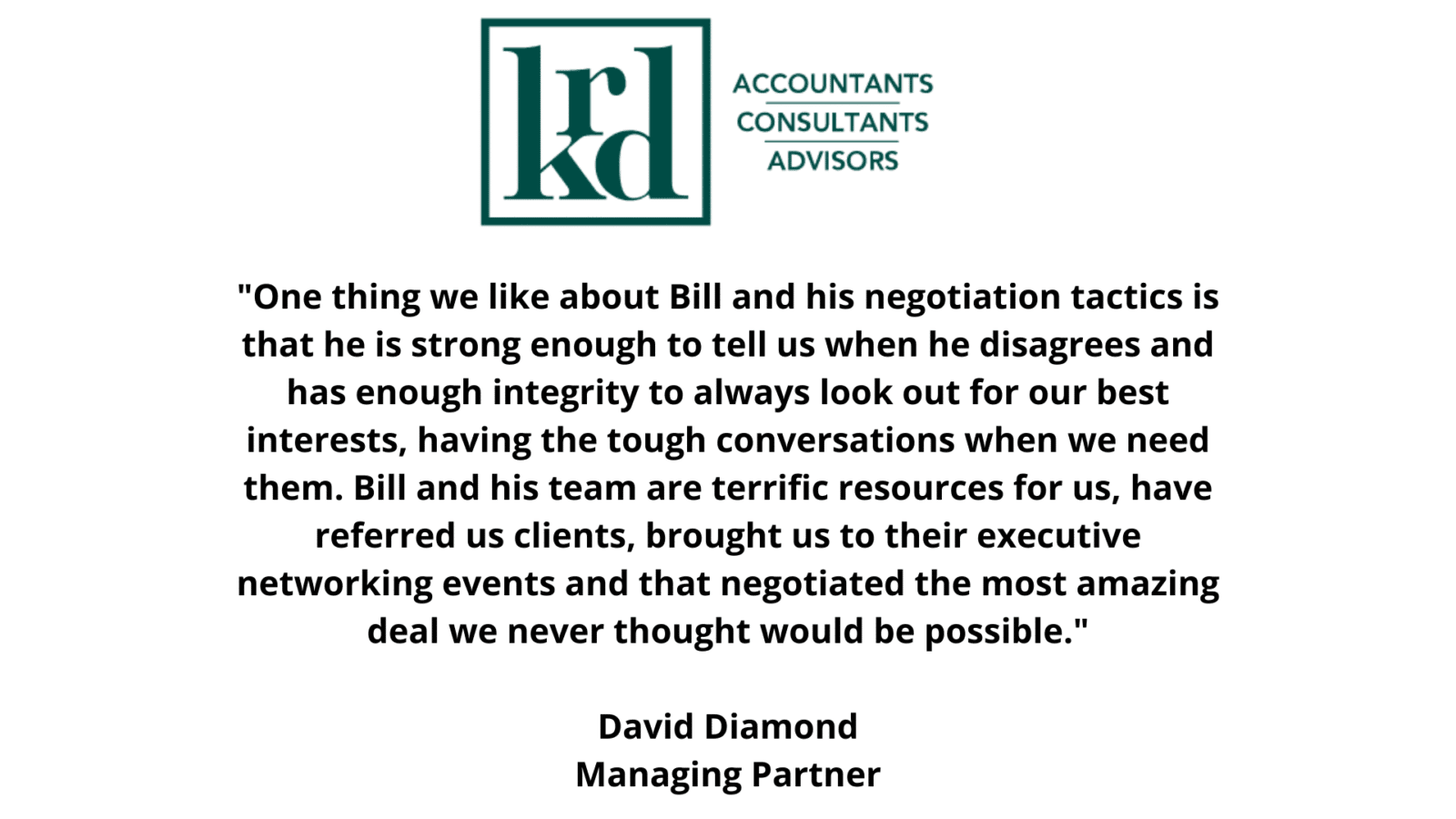 Testimonial quote beside accounting firm logo Testimonial quote beside accounting firm logo