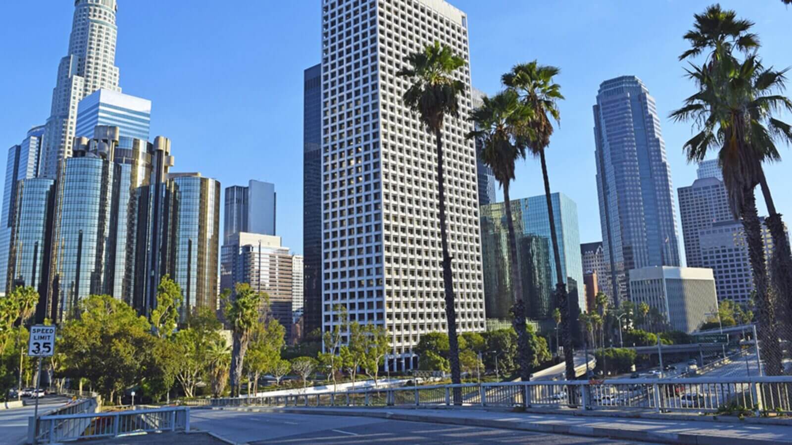 Cityscape with tall buildings and palm trees under a clear blue sky. Cityscape with tall buildings and palm trees under a clear blue sky.
