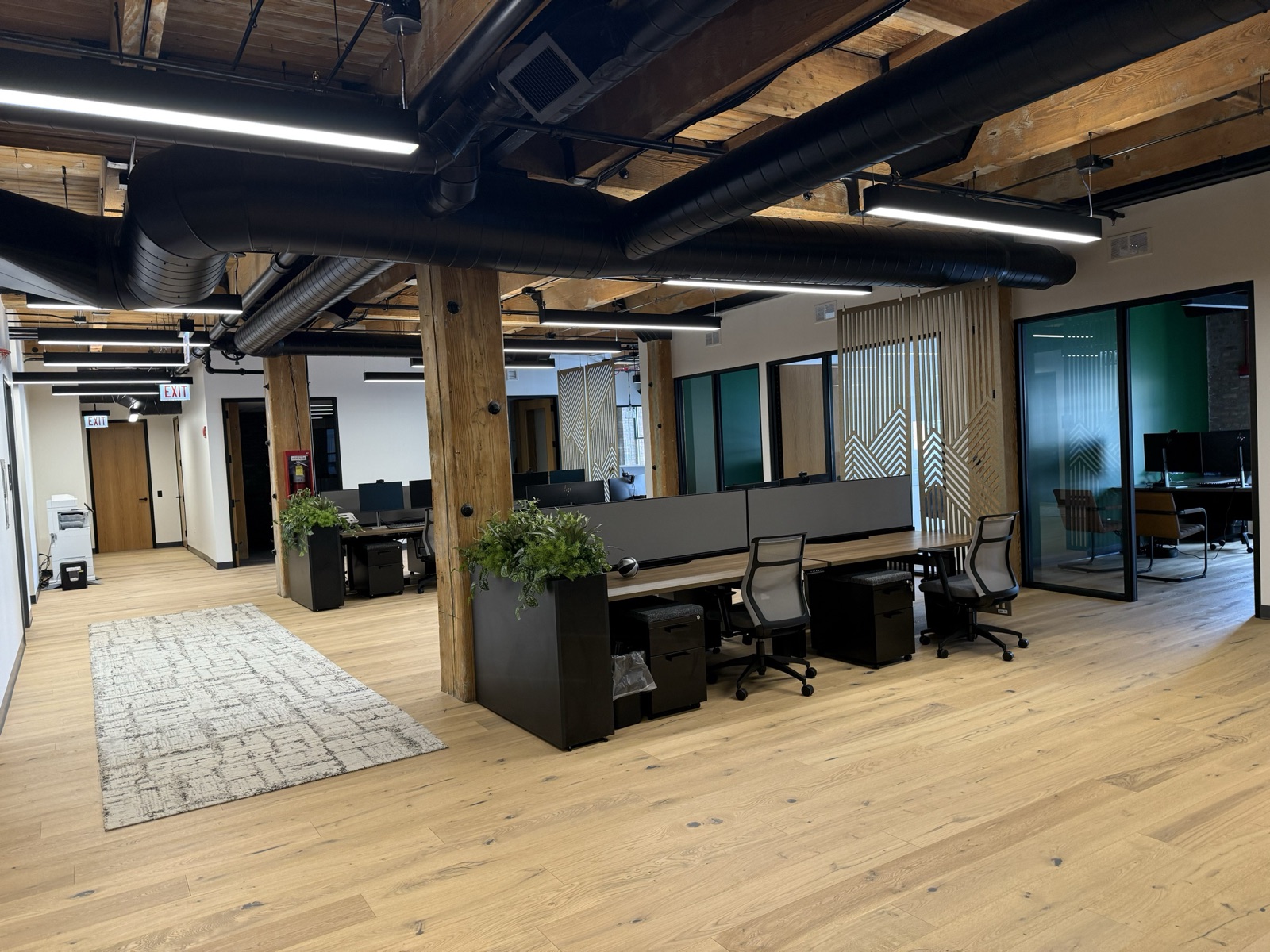 Open-plan workstations under exposed timber beams and black ductwork, with glass-walled offices beyond