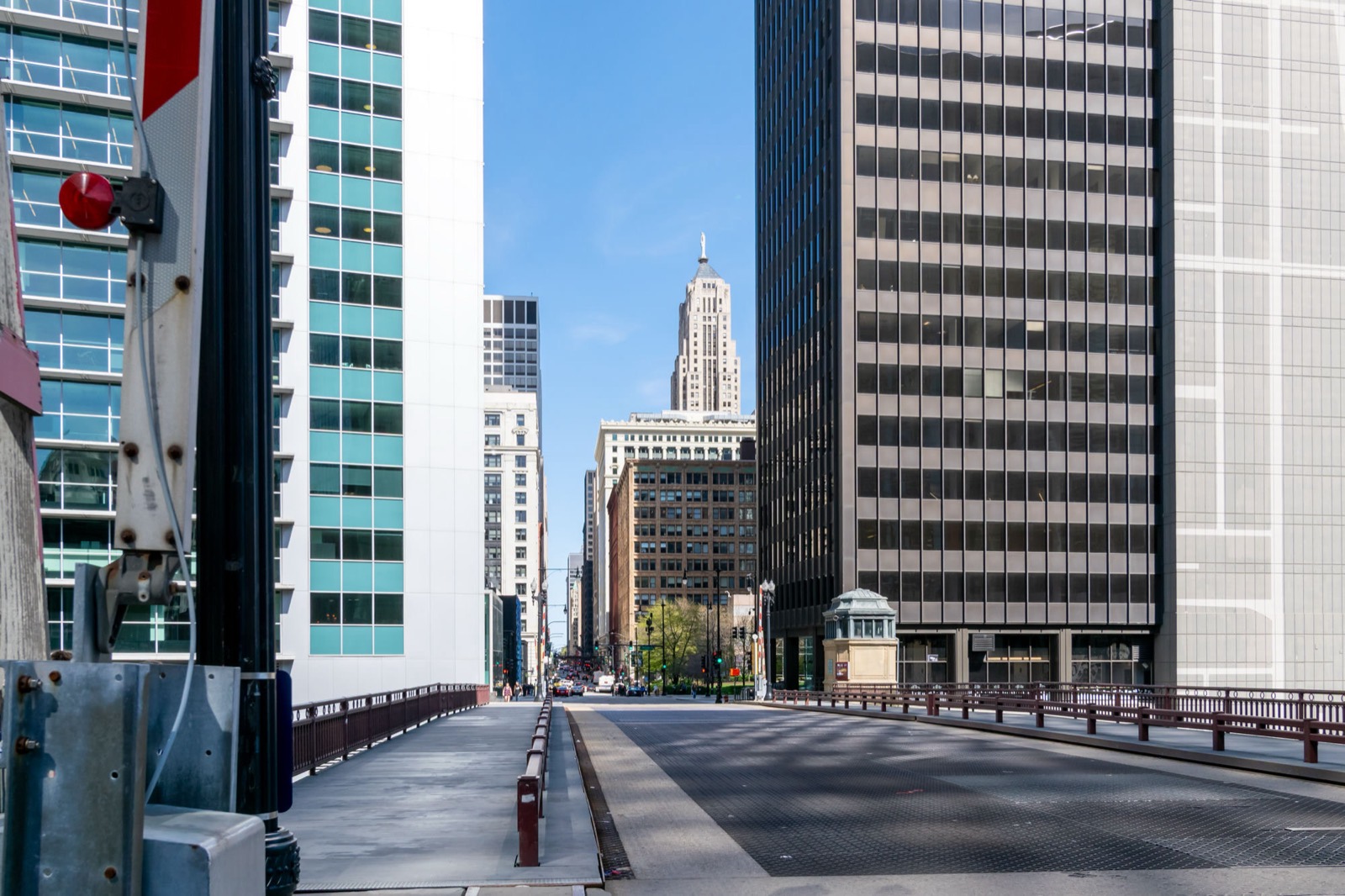 Looking down a Chicago Loop street from a river bridge