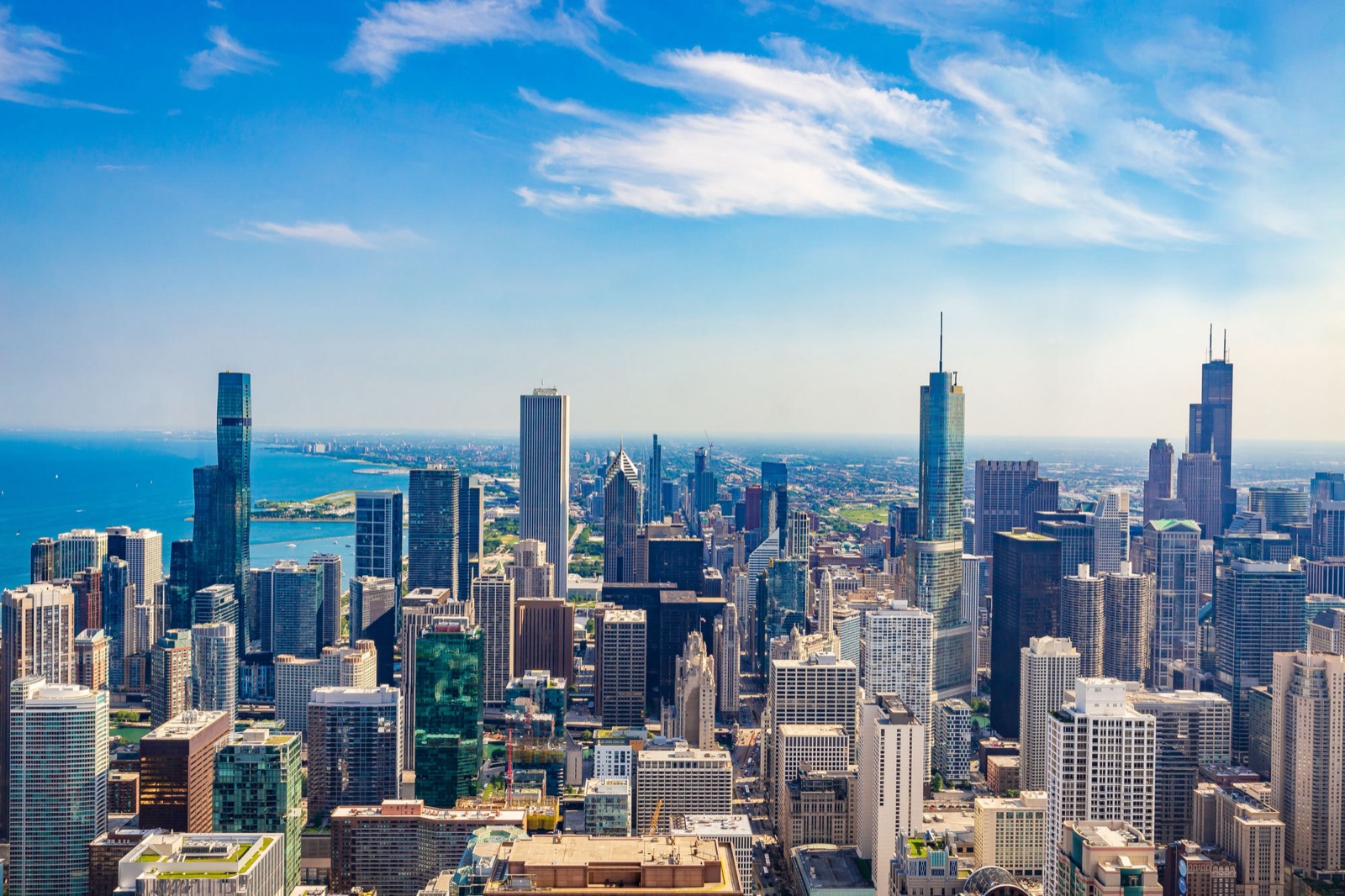 Aerial view over downtown Chicago and Lake Michigan