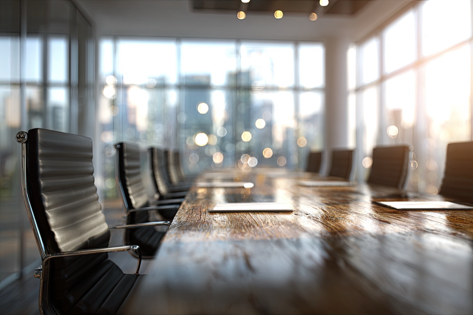 A conference room table with a city view beyond the windows